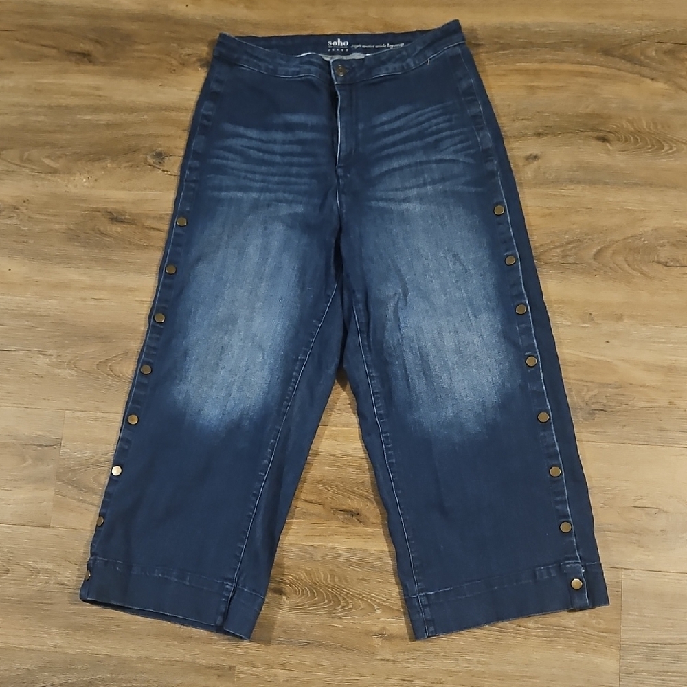 Soho Dark Blue High Wsist Wide Leg Crop with button details